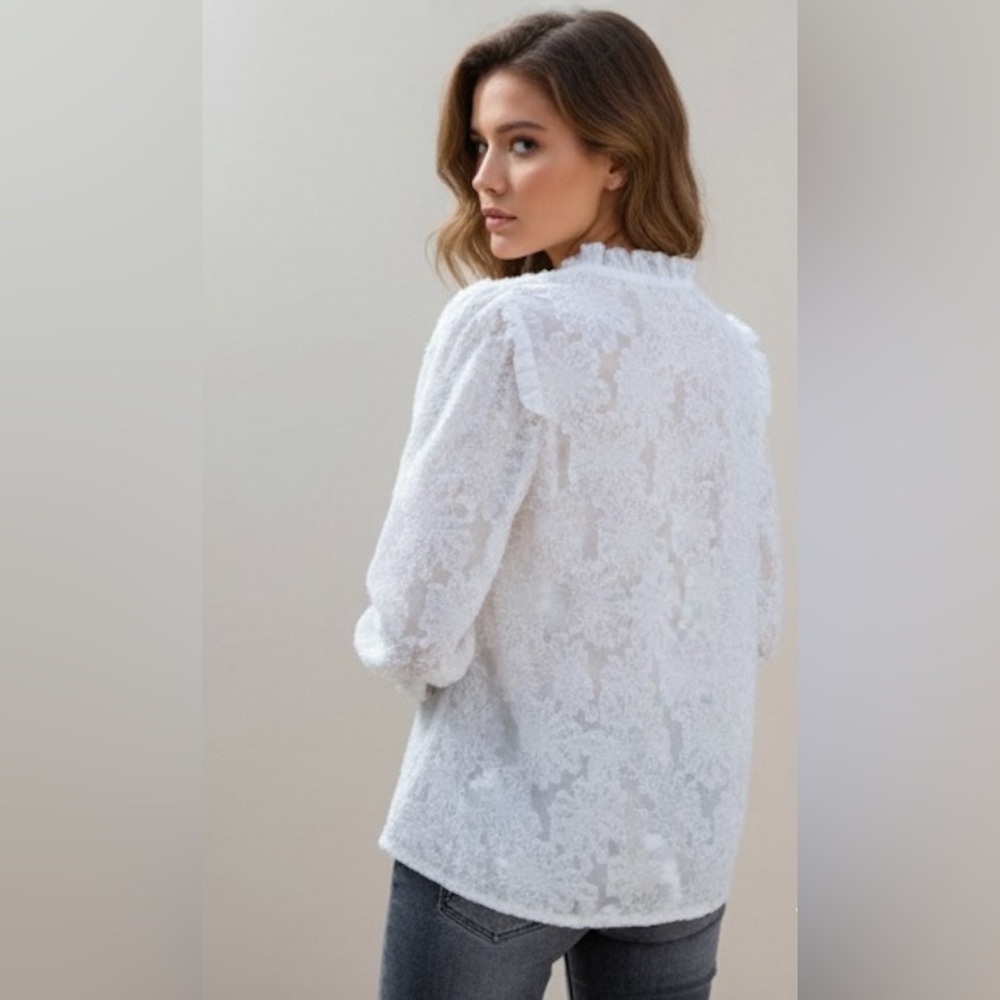 Fuzzy Notched Neck Bishop Sleeve Blouse - Picture 5 of 7